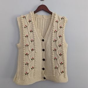 Vintage Hand Embroidered Floral Sweater Vest Cream Leather Buttons Medium